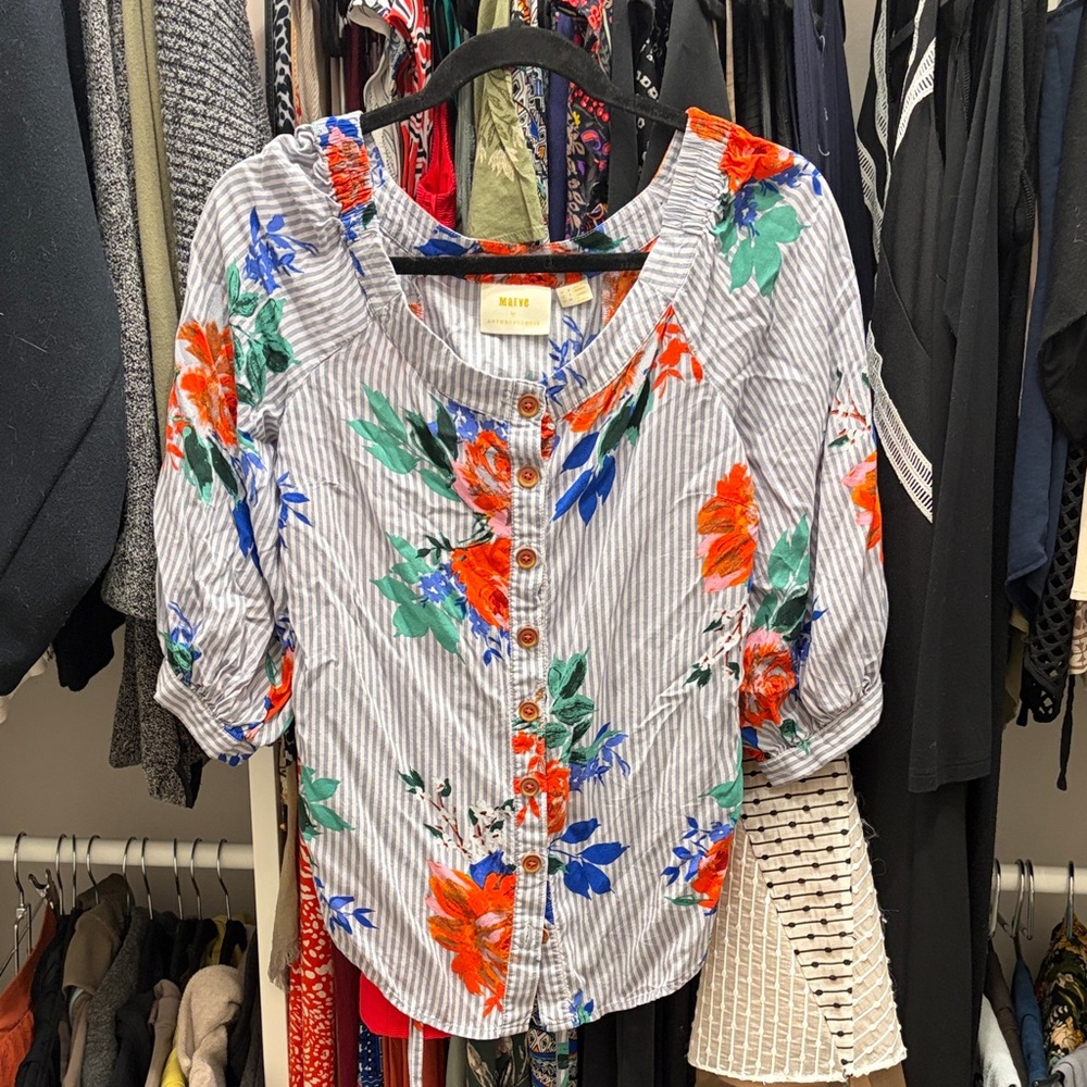 Maeve Striped Button-Front Blouse — Blue, Green & Orange Floral